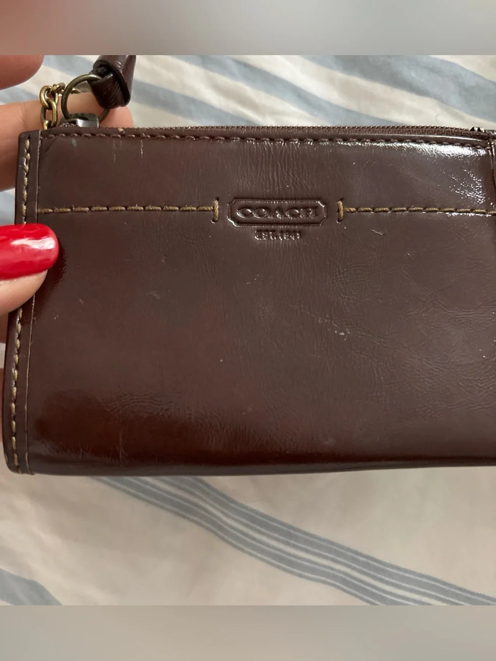 Vtg Coach Dark Brown Leather Zip Card Case coin wallet w Key Ring